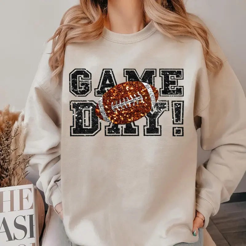 Sweatshirt Game Day Football Faux Sequins Glitte, Cute Football Mom Shirt, Custom Mascot Bow Shirt, Coquette Bows School...