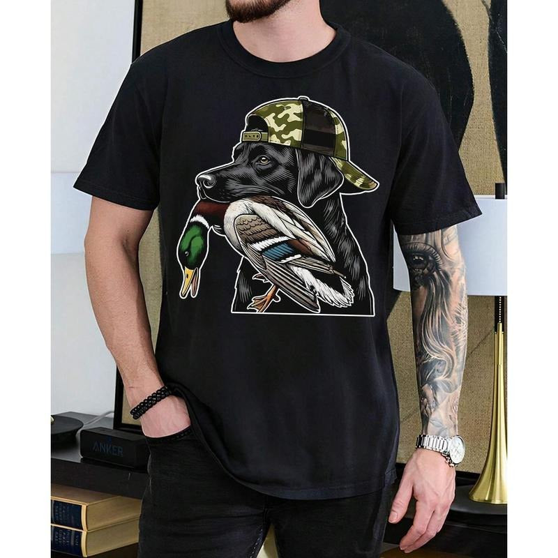 T - Shirt for Hunting Enthusiasts: Duck - carrying Dog in Camo Cap Graphic for an Outdoor and Pet