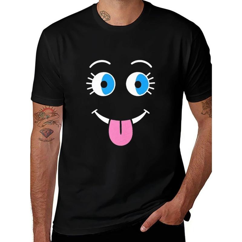 T - Shirt with a Fun - loving Emoji Design: Big Blue Eyes, Eyelashes and Tongue