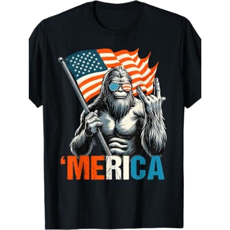 T - Shirt with a Fun Twist: Iconic Bigfoot Figure Holding Flag and Making Hand Gesture with 'Merica' for a Light