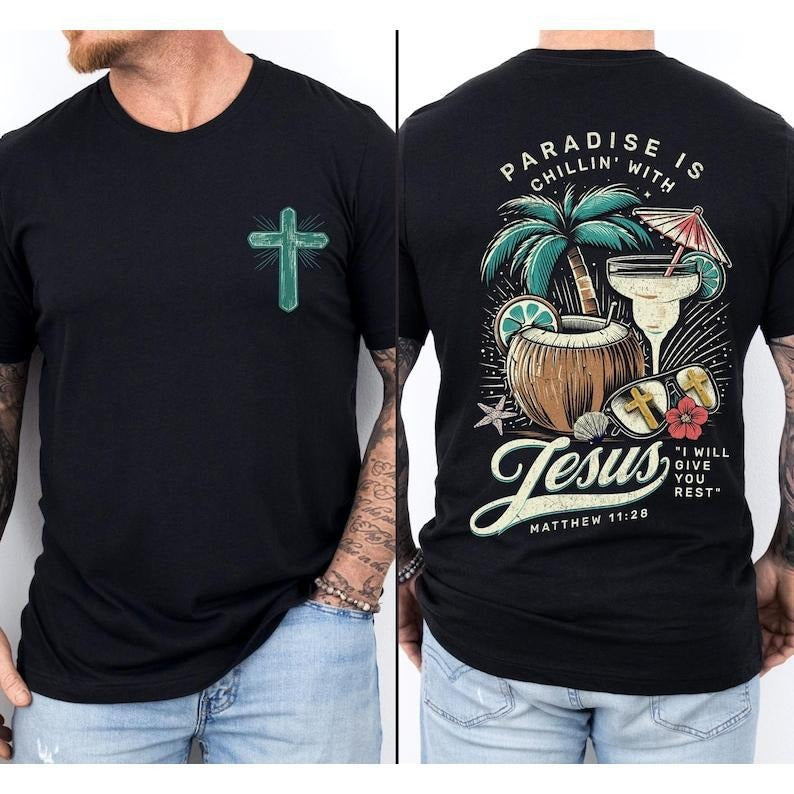 T - shirt Blending Faith and Relaxation: 'Paradise is Chillin' with Jesus' and Biblical Quote Hoodie, Sweatshirt |...