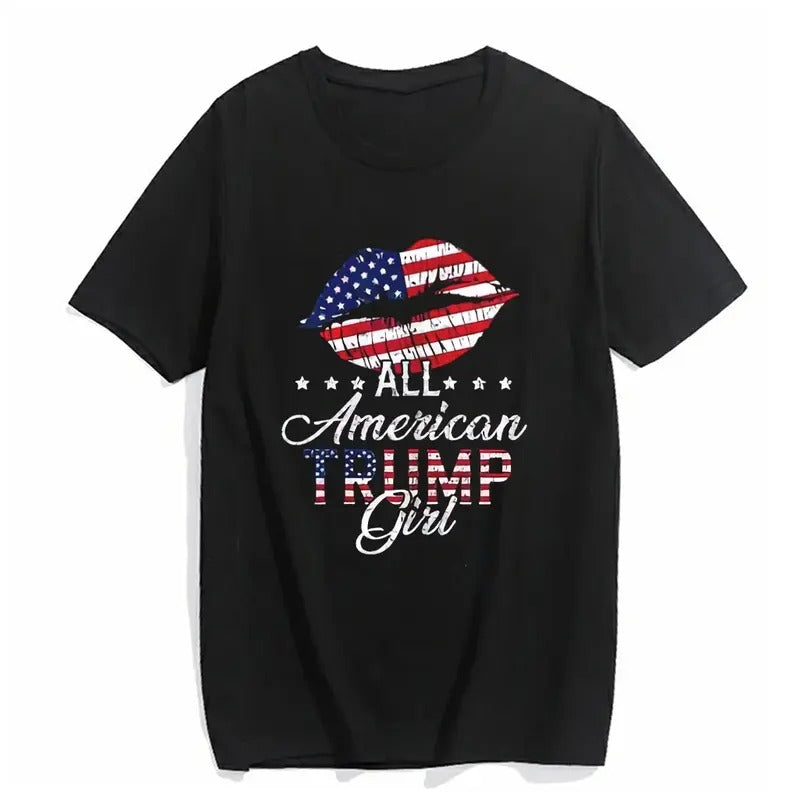 T-Shirt for Women All American Trump Girl USA Flag Lips GOP Vote 2024 Short Sleeve O-neck Top Black Large Graphic Tee...