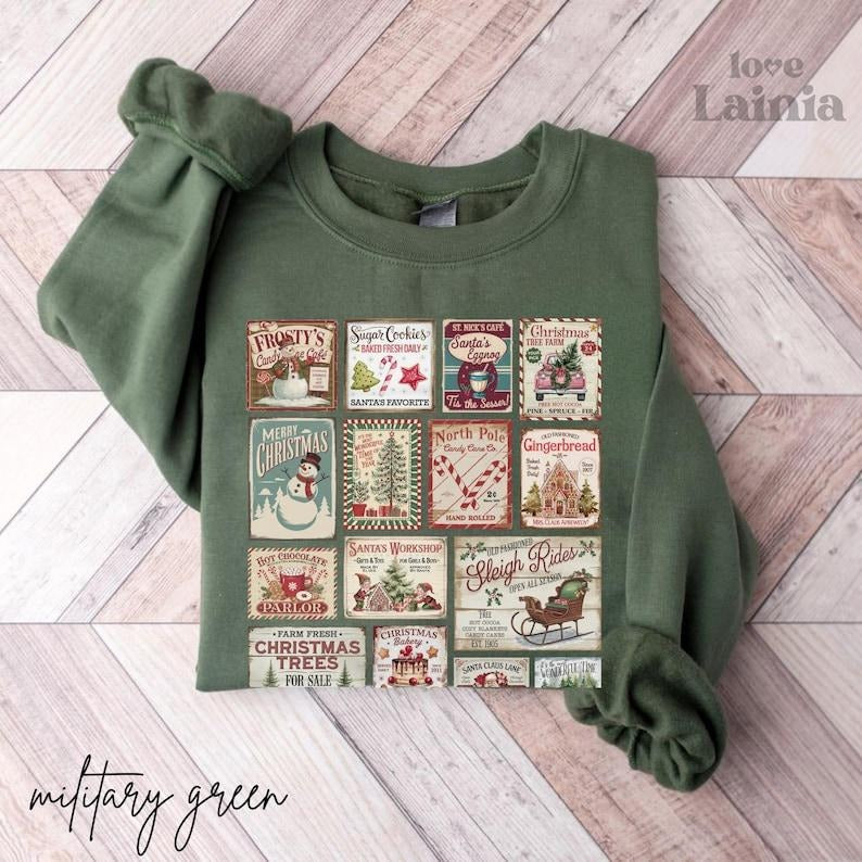Vintage Christmas Sweatshirt/T-Shirt, Retro Christmas Shirt, Santa Claus Shirt, Christmas Stamps Shirt, Christmas Tree...
