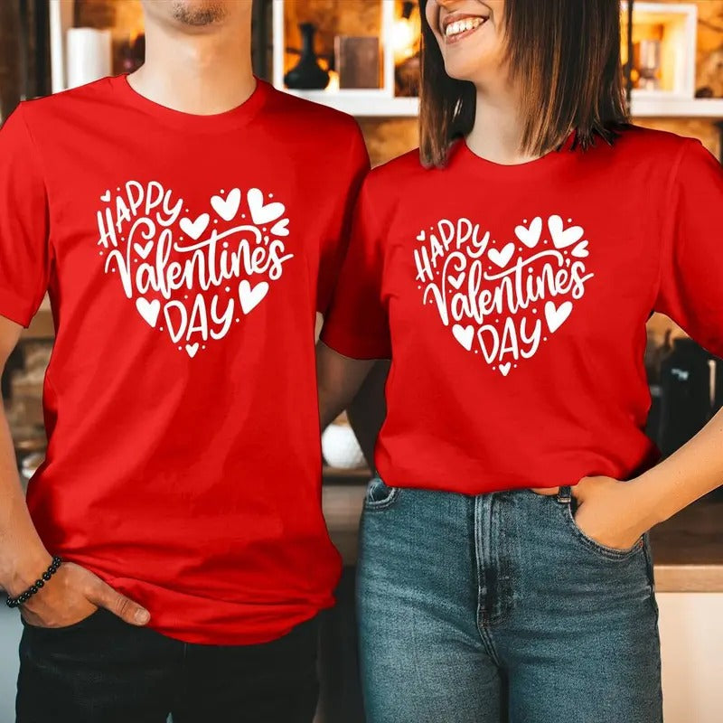 TSHIRT Happy Valentine's Day Doodle T-Shirt Happy Valentine Day Tops Cute Sweet Heart Funny Men Women Couple Matching...