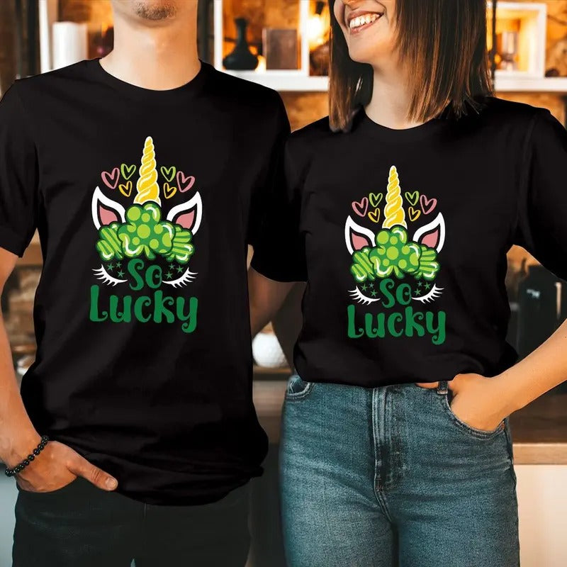 TSHIRT (180) So Lucky St Patrick's Day Unicorn Shirt Happy Saint Patrick's Day T-Shirt Funny Irish Shamrock Hearts Men...