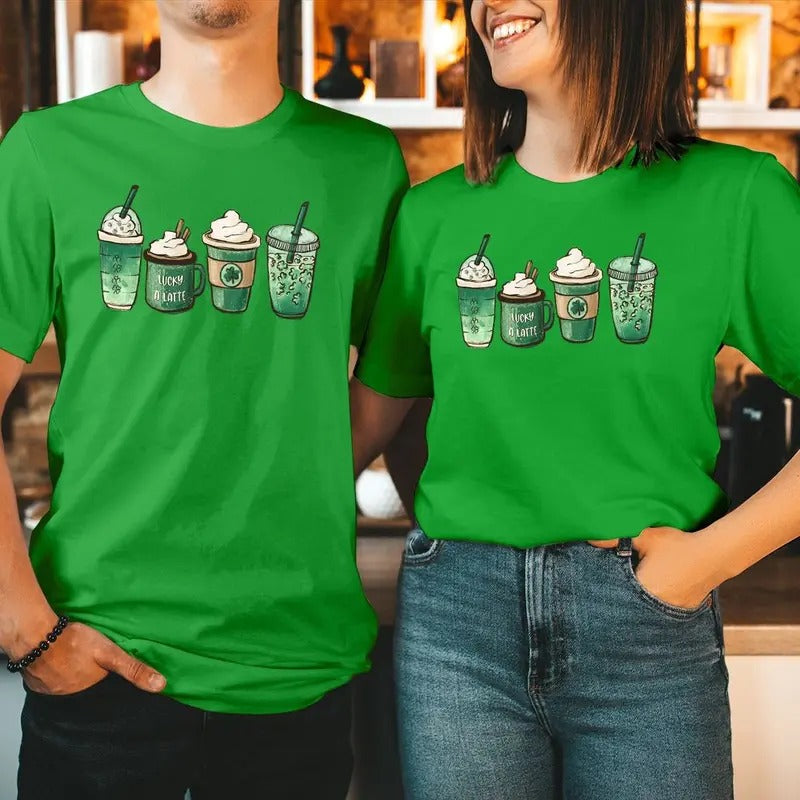 TSHIRT (181) Lucky Latte Green Coffee St Patrick's Day T-Shirt Happy Saint Patrick Day Tops Funny Irish Shamrock Men...