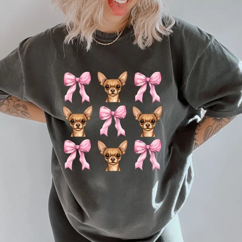 Tan Chihuahua with bows Shirt~ Unisex Apparel Relaxed Fit Printed In The USA Clothing Womenswear Casual Comfort Cotton...