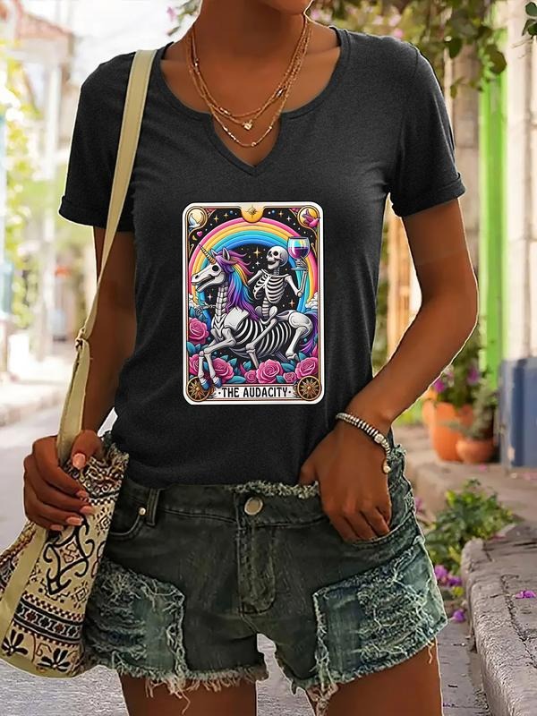 Tarot Print T-Shirt for Women, Casual V-Neck Short Sleeve Summer Top, Trendy Fashionable Ladies Wear Hoodie, Sweatshirt