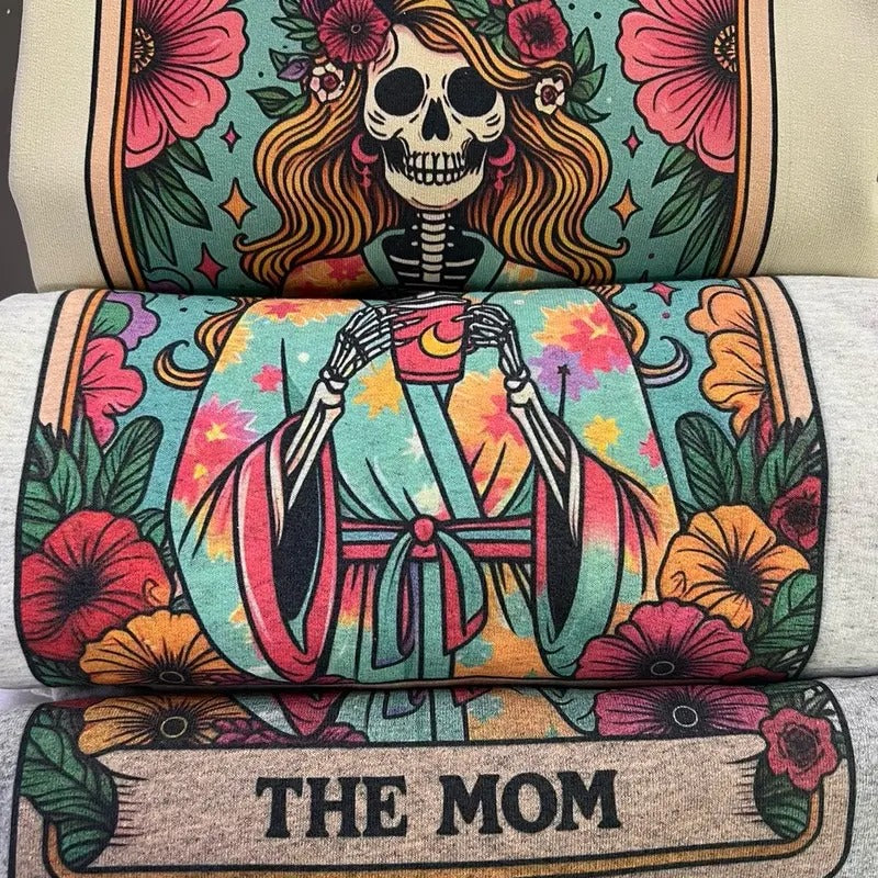 Tarot Skeleton Mom Sweatshirts Skull Pullovers Mom Hoodies Rocker Mom Pullovers Floral Skull Sweatshirts Coffee Mom...