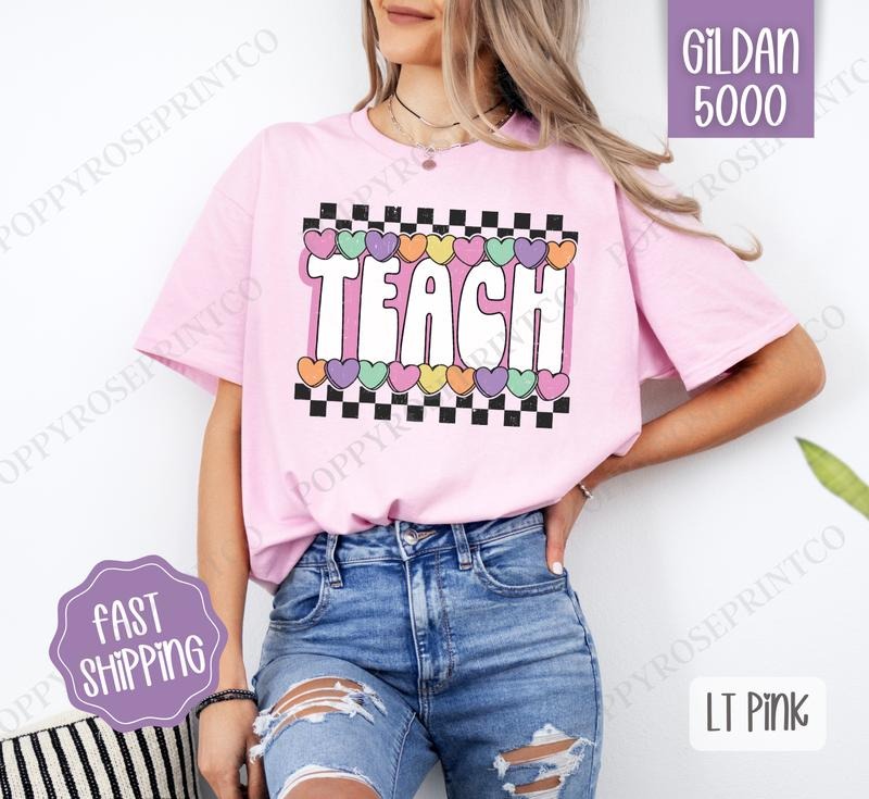 Teach Candy Hearts Shirt Gildan, Teacher Tee, Cute Women's Tshirt Plus Sizes Hoodie, Sweatshirt | HypeCrazeTee.com