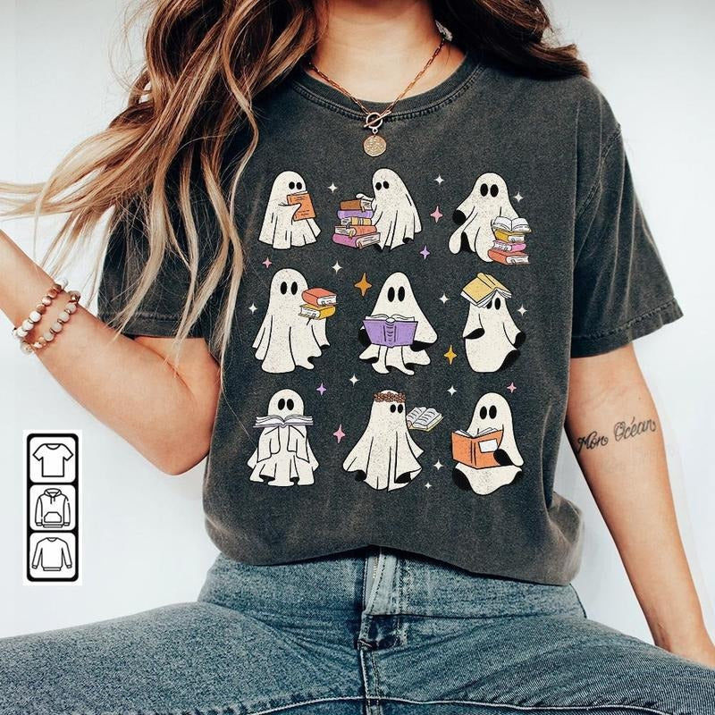 Teacher Ghost Reading Books Sweatshirt, Teacher Ghost Tee, Spooky Vibes Shirt, Trendy Halloween Gift Hoodie