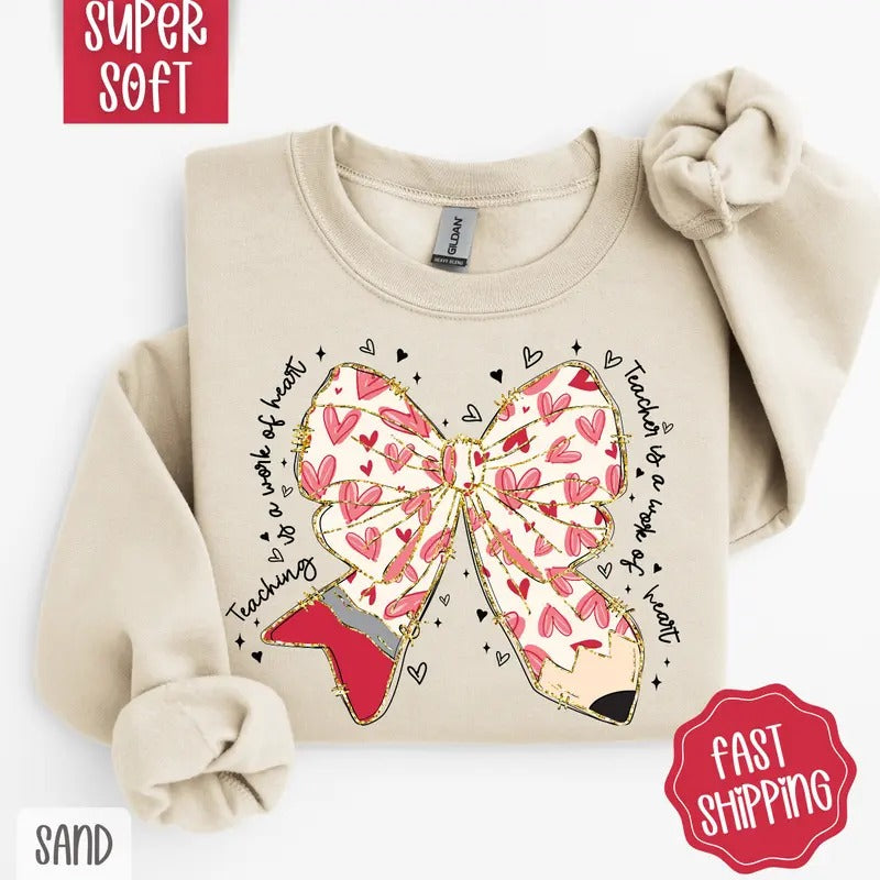 Teacher Valentine Bow Sweatshirt, Teacher Valentine's Day Crewneck, Cute Women's Sweater T-Shirts, Hoodie | HypeCrazeTee.com