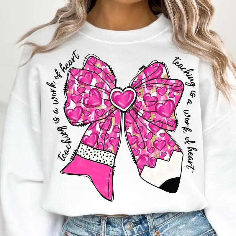 Teacher Valentine Coquette Bow Pencil Tshirt Sweatshirt, Valentine Teacher Heart Pencil, Valentines Day Teacher, Unisex...