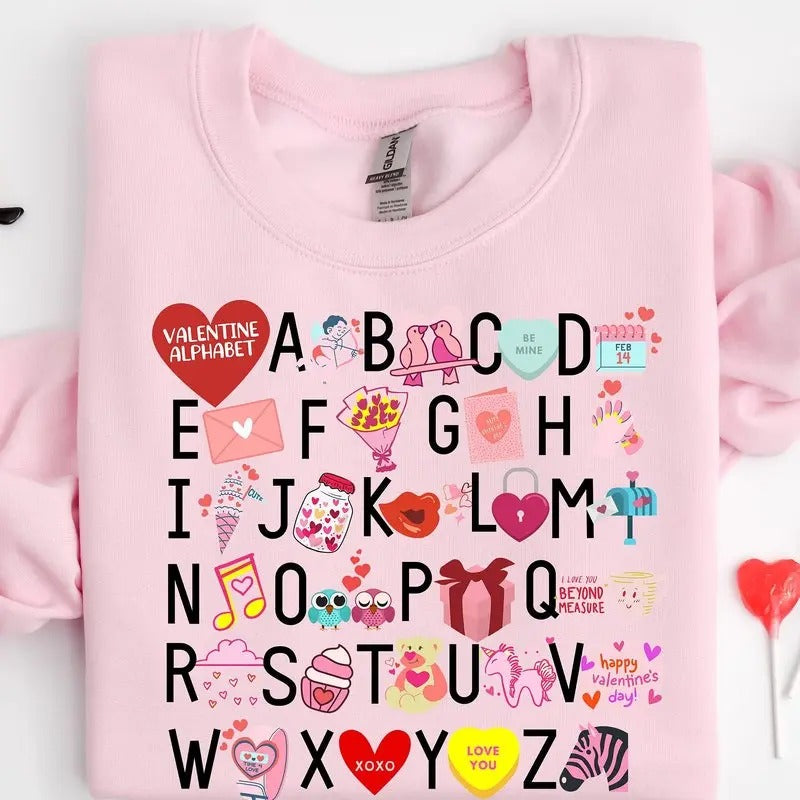 Teacher Valentine Sweatshirt,Valentine's Day Alphabet Shirt,Teacher Valentine's Day,Alphabet Kindergarten T-Shirt,Teacher...