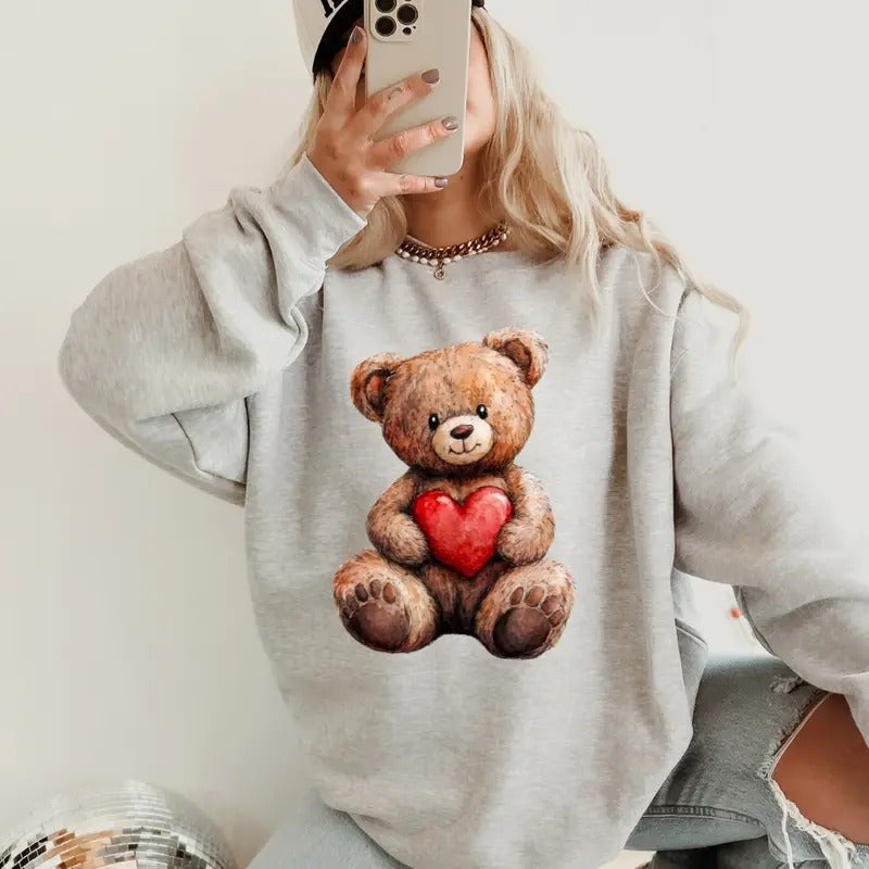 Teddy Bear heart Valentines Crewneck ~ Sweatshirt Unisex Apparel Relaxed Fit Printed in the USA Clothing Womenswear...
