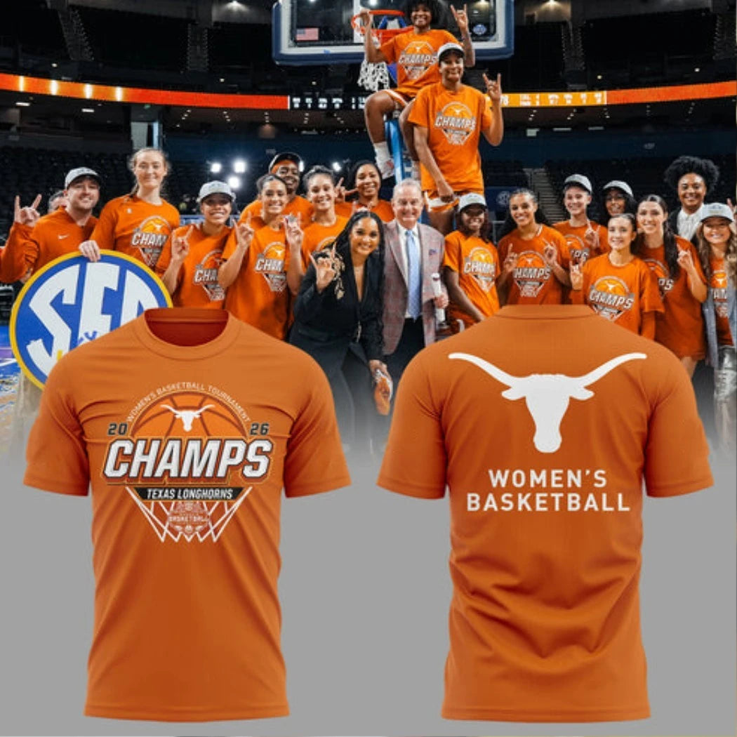 Texas Longhorns WBB SEC Tournament Champions Orange Logo Two-Sided Graphic T-Shirt