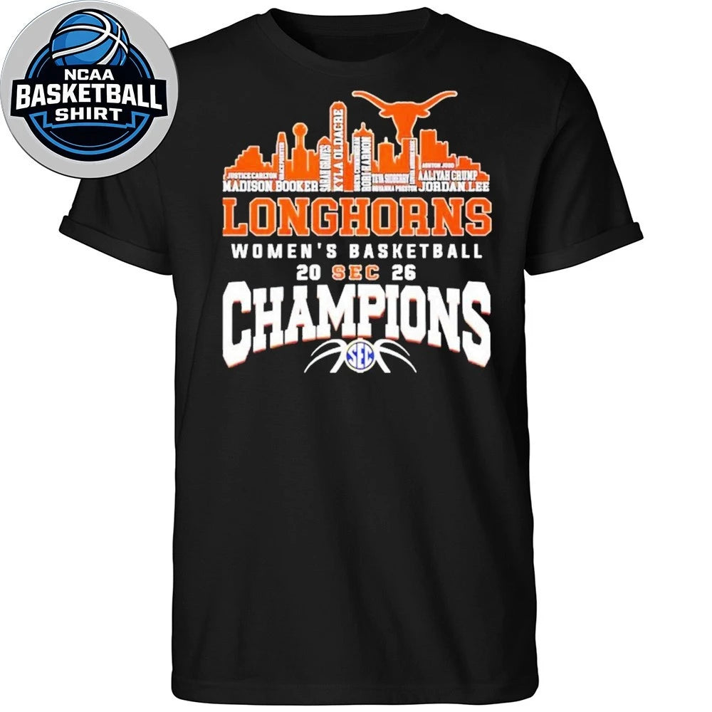 Texas Longhorns Women’s Basketball Champions 2026 player name city skyline logo shirt