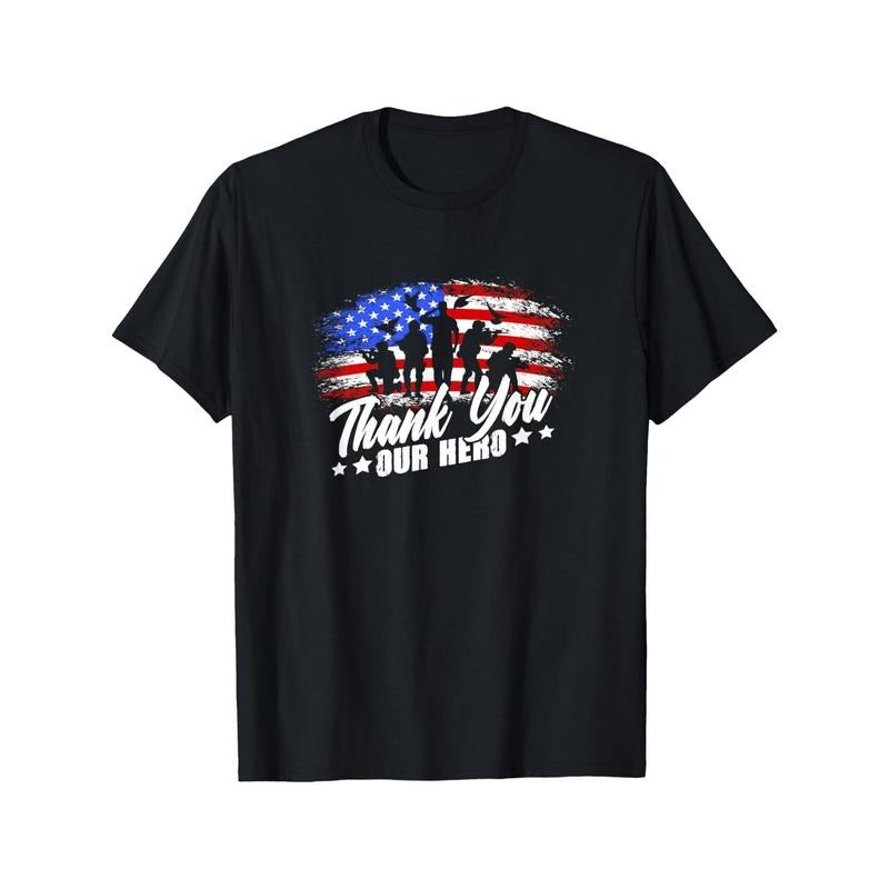 Thank You Military American Flag Soldier Memorial Veteran 0  T -Shirt Casual Round Neck Short Sleeve Four Seasons Can...