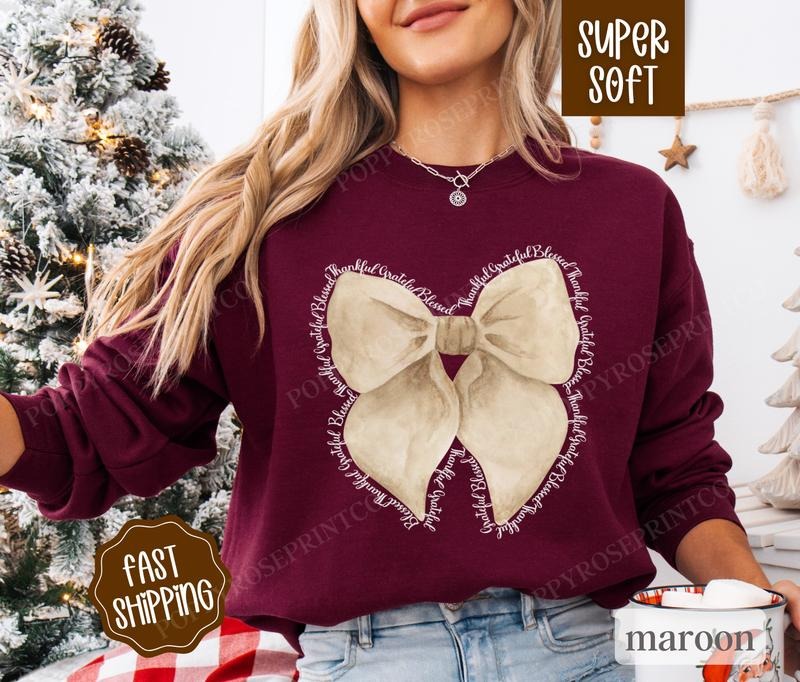 Thankful Bow Sweatshirt, Coquette Thanksgiving Sweater,  Women's Fall Thankful Crewneck T-Shirts, Hoodie | HypeCrazeTee.com