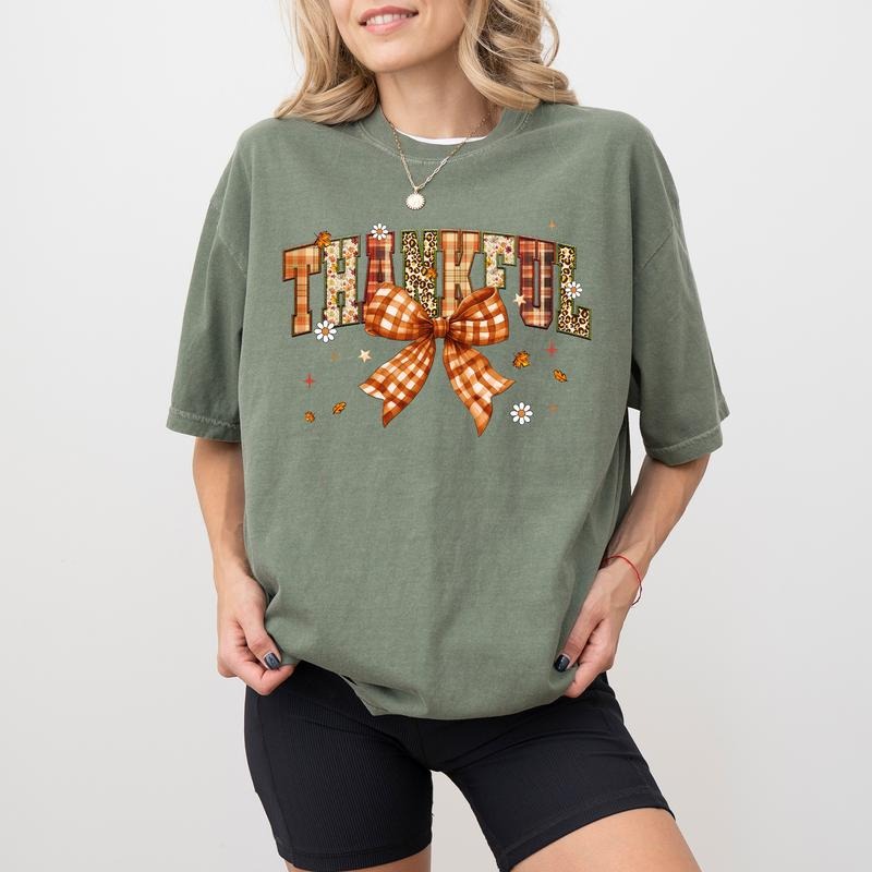 Thankful Coquette Bow Shirt Comfort Colors, Vintage Checkered Bow Printed Tee, Thanksgiving Gift Ideas for Girls, Fall...