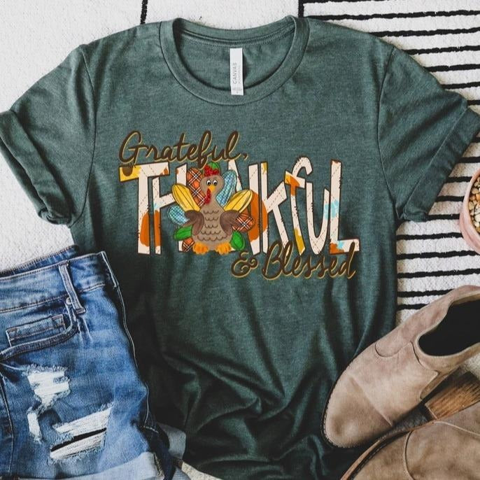 Thankful Grateful Blessed with Turkey Shirt, Thanksgiving T-Shirt, Fall Vibes Shirt, Fall Turkey Shirt, Thanksgiving...