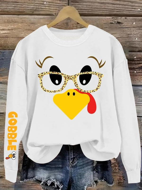 Thanksgiving Leopard Print Turkey Glasses Sweatshirt, Funny Design, Casual Fitted Style, Winter Fashion for Holiday...
