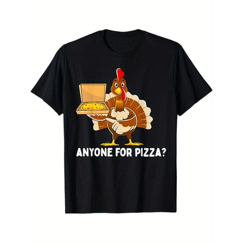 Thanksgiving Turkey Cartoon Pizza Applique T-Shirt, Cotton Blend Crew Neck Tee, Regular Fit, Slight Stretch, Geometric...