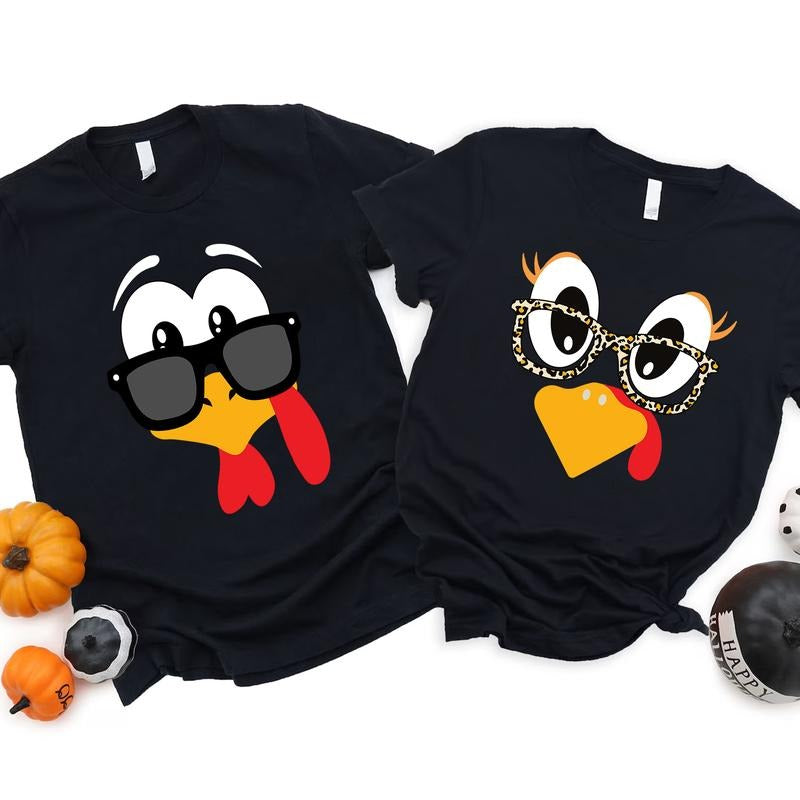 Thanksgiving Turkey Couple Shirts - Funny Matching His and Hers T-Shirts, Cute Fall Outfit, Holiday Dinner Gift Tee Set...