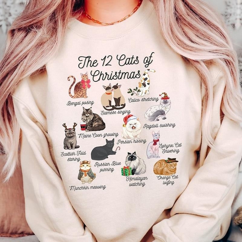 The 12 Cats of Christmas Crewneck Sweatshirt, Hoodie, T-shirt, Cute Christmas Gifts | HypeCrazeTee.com