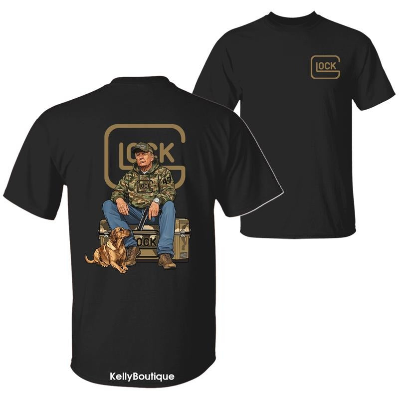 The 47th President Trump Holding a Glock Sitting Next to a Hunting Dog Shirt, Camo Hunting Season Crewneck Unisex Cotton...