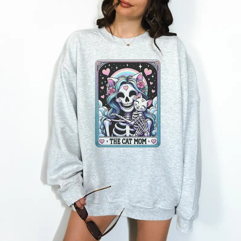 The Cat Mom Tarot- Unisex Crewneck Sweatshirt - Print is Sublimation, Christmas Crewneck, Gift Idea, Relaxed Fit, Casual...