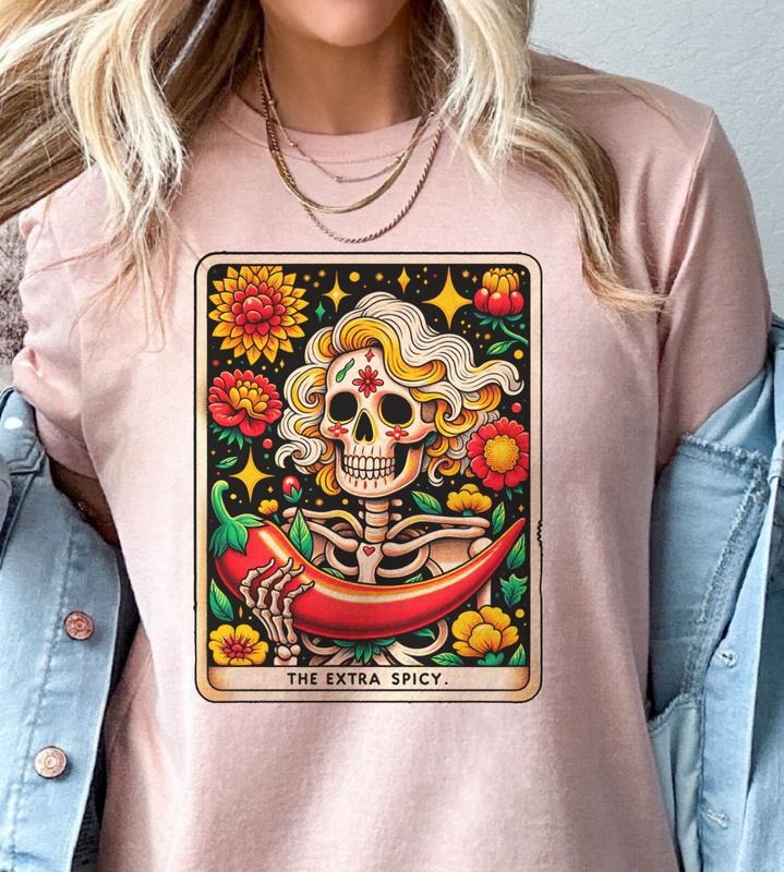 The Extra Spicy Tarot Graphic Tee Hot Pepper Skull Hippie Tshirt Casual Rocker Womens Top Hoodie, Sweatshirt