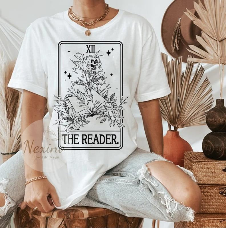 The Reader Tarot Card  T-Shirt, Book Tarot Card Shirt, Bookish Shirt, Tarot Skull Gift, Writer Tee, Trendy Shirt Hoodie,...