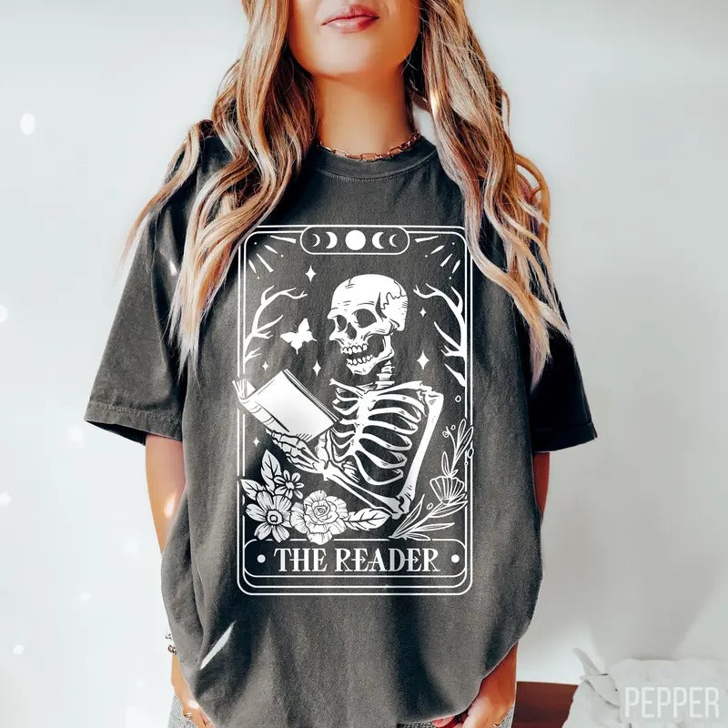 The Reader Tarot Card Shirt, Skeleton Reading Shirt, Unisex Tarot Card Shirt, Book Lover Gift, Bookish Gift,Tarot Lover...