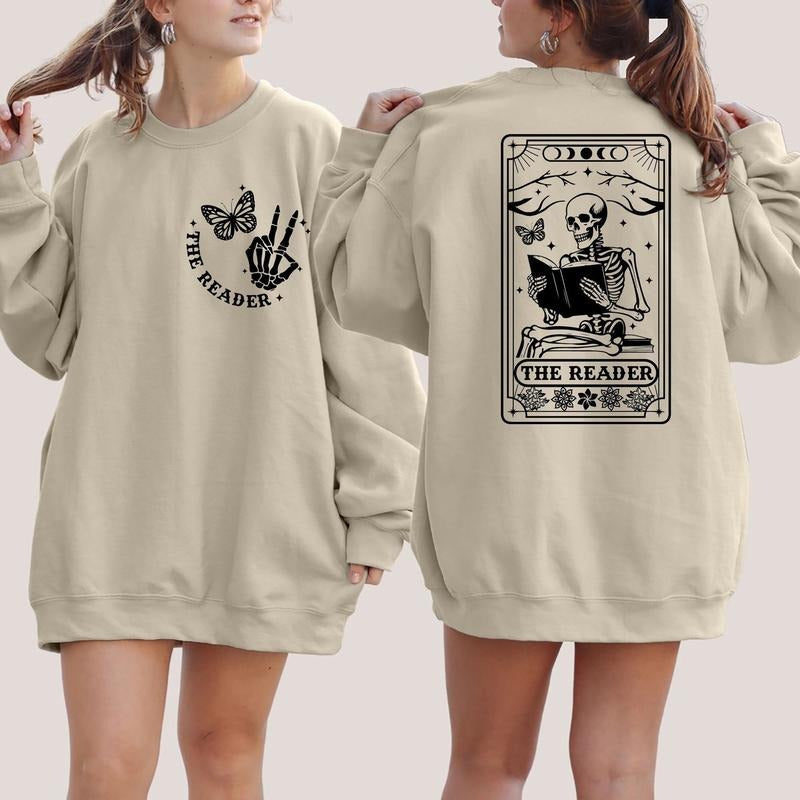 The Reader Tarot Card Sweatshirt, Skeleton Reading Hoodie, Book Lover Gift For Women, Book Lover Shirt, Tarot Card Unisex...