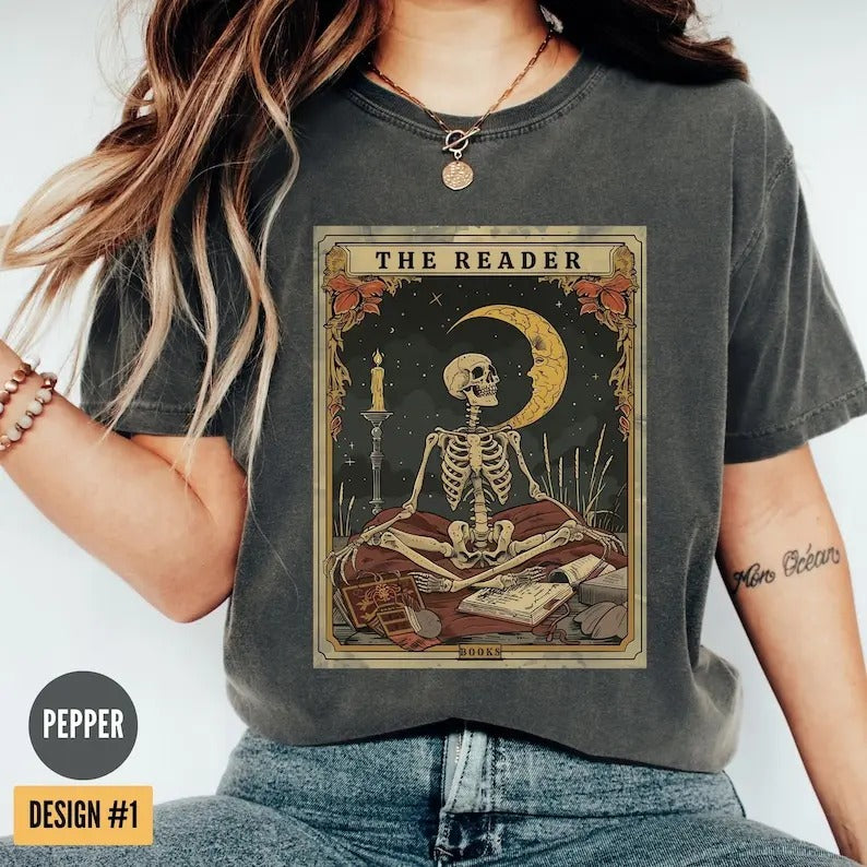 The Reader Tarot Card T-Shirt, Skeleton Reading Shirt, Unisex Tarot Card Shirt, Book Lover Gift, Bookish Gift,Tarot Lover...