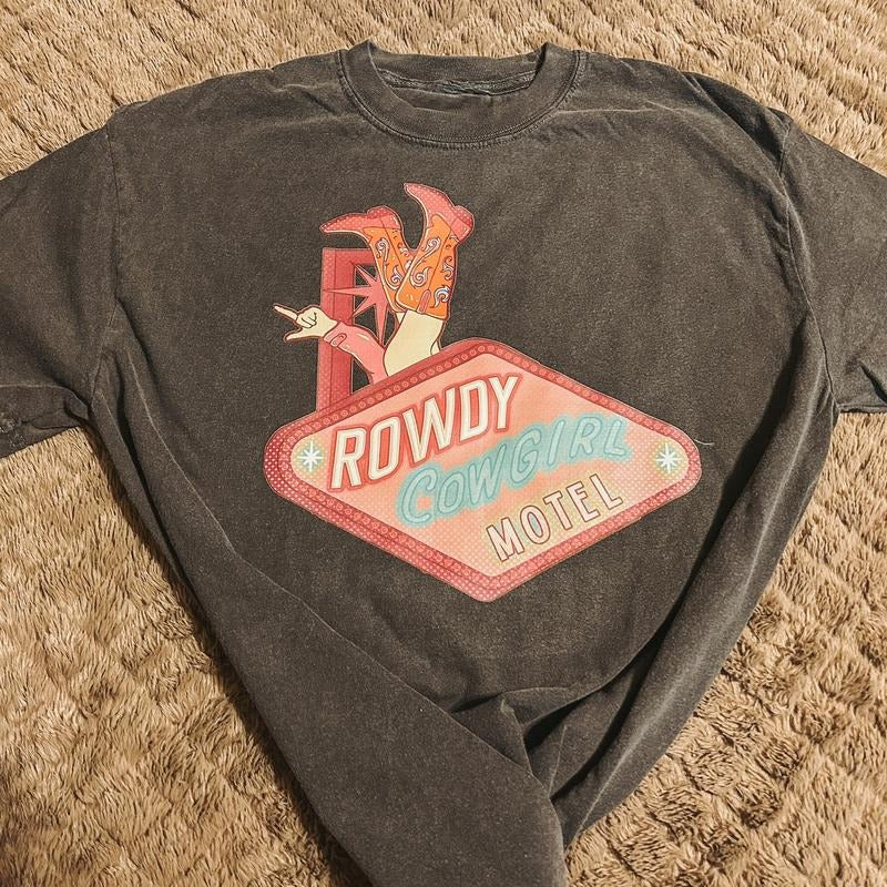 The Rowdy Cowgirl Motel T-Shirt, Cowgirl Western outfits Women, Country Shirts Women, Punchy western sweatshirts, Western...