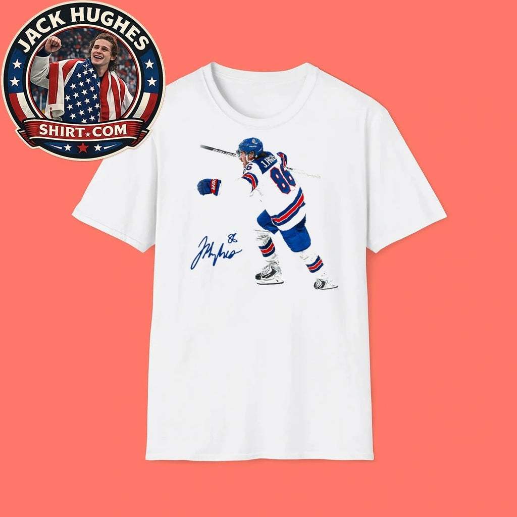 The signature of ice hockey player Jack Hughes, wearing jersey number 86 for the New York Rangers Shirt