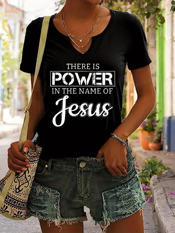 There Is Power in the Name of Jesus Graphic Tee, Casual Summer V Neck Short Sleeve Women's T-Shirt, Trendy Fashion Top...