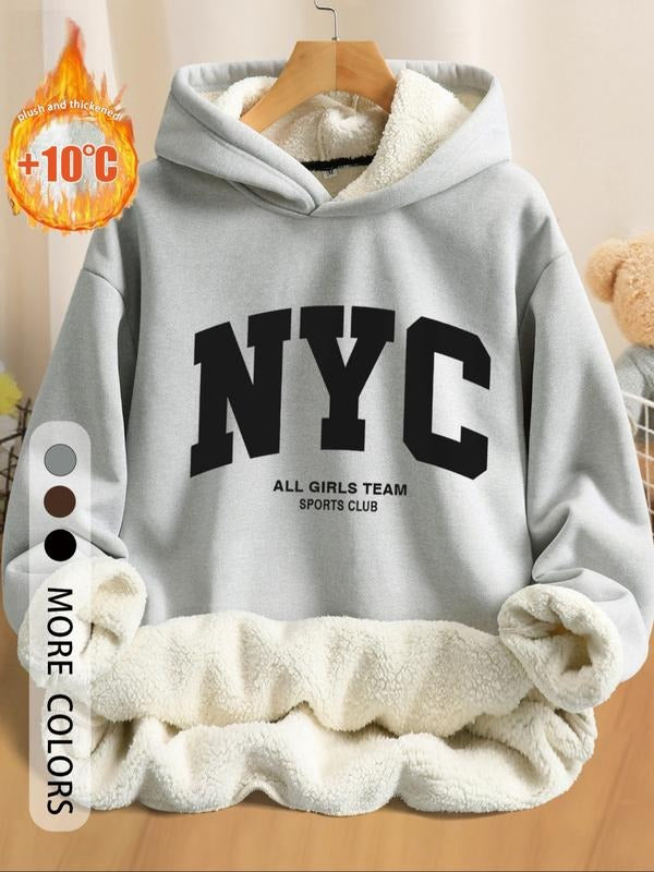 Thick Fleece Hoodie with Nyc Letter Print, Fall & Winter Essential Warm Top, Comfortable Casual Fashion Sweatshirt T-Shirts