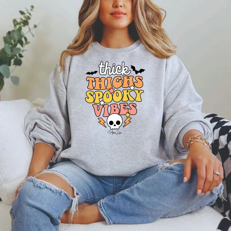 Thick Thighs Spooky Vibes Sweatshirt Classic Womenswear T-Shirts, Hoodie | HypeCrazeTee.com