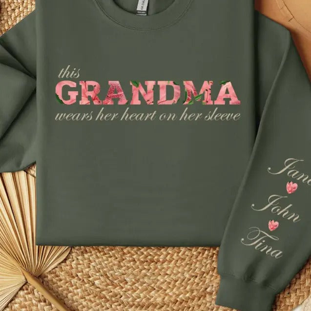 This Grandma Wears Her Heart on Her Sleeve Sweatshirt & Hoodie, Heart On Sleeve Kids Names Sweater T-Shirts