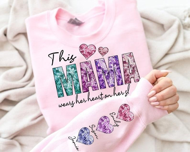This MAMA Wear her Heart Shirt, Faux Sequin Glitter Shirt, Mama's Valentine Shirt, Sequin Valentine Hoodie, Sale Mother's...