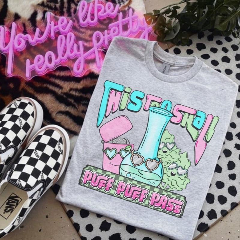 This Too Shall Puff Puff Pass Ash Grey T-Shirt - Bleached - Gildan - Unisex Hoodie, Sweatshirt | HypeCrazeTee.com