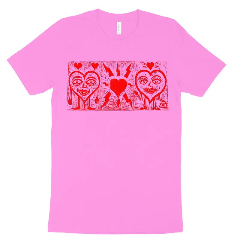 Three Hearts Valentines  Hand printed  Woodcut T Shirt Menswear Cotton Top Hoodie, Sweatshirt | HypeCrazeTee.com