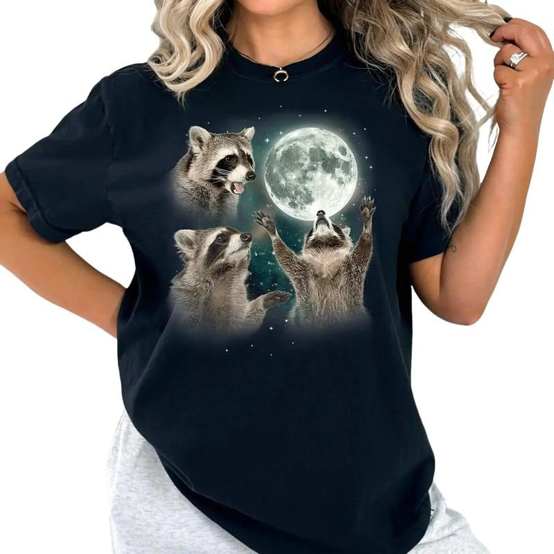 Three Raccoons Vintage Graphic T-shirts, Retro Raccoon Moon Tshirt, Raccoon Lovers, Funny Raccoon Tee, Oversized Washed...