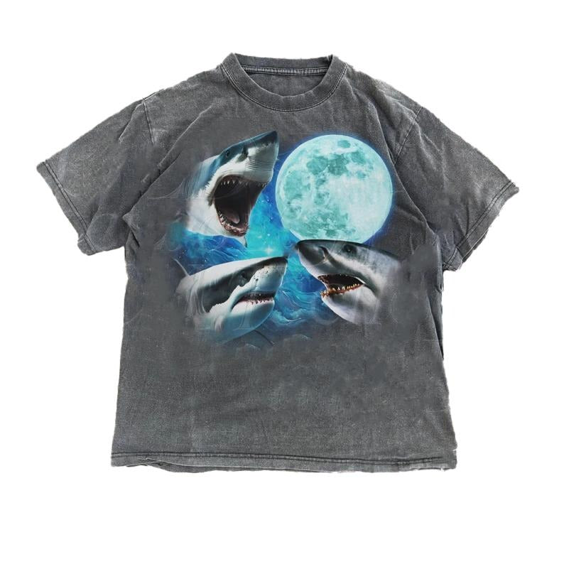 Three Sharks Vintage Graphic T-shirts, Retro Shark Moon Sweatshirt, Skark Ocean Lovers, Funny Graphic Tee,...