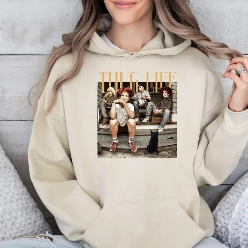 Thug Life Halloween Hoodie, Spooky Season Hoodie, Black Cat Shirt, Retro Halloween Character Shirt, Unisex Long Sleeve...