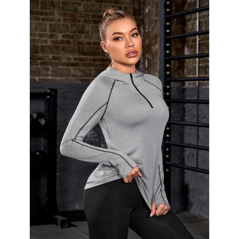 Thumb Holes Sports Hooded Sweatshirt Half Zip Lightweight Long Sleeve Workout Tops T-Shirts, Hoodie | HypeCrazeTee.com