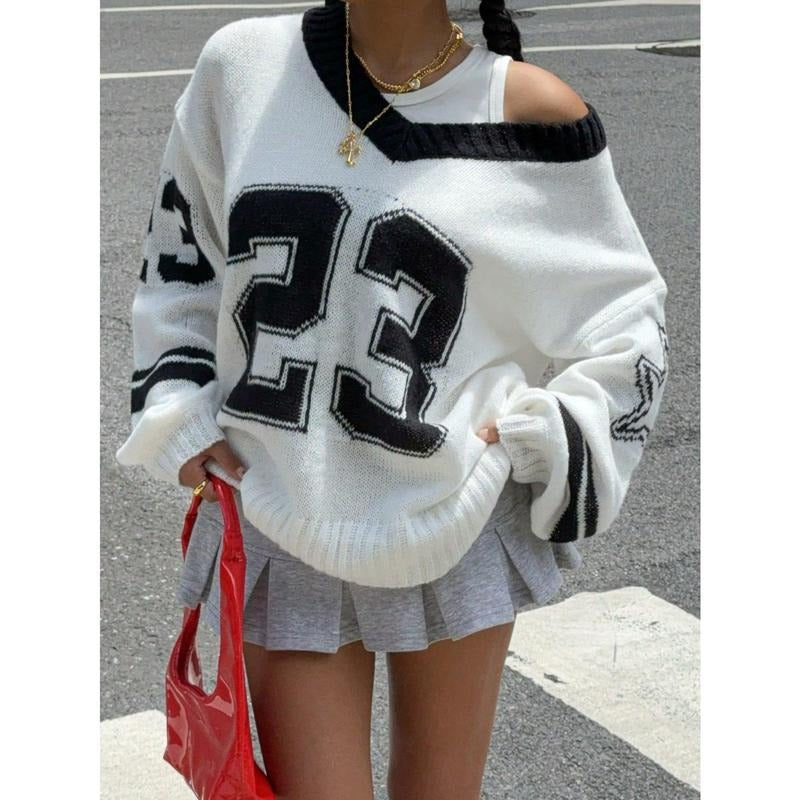 TikTokShopBacktoSchool Y2K Letter Print Long Sleeve V Neck Jumper Top Knit Shirt T-Shirts, Hoodie, Sweatshirt